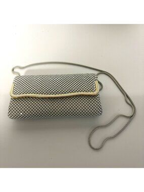 White Mesh Clutch Purse Shoulder Bag Gold Trim 80s Vintage Evening Prom Wedding